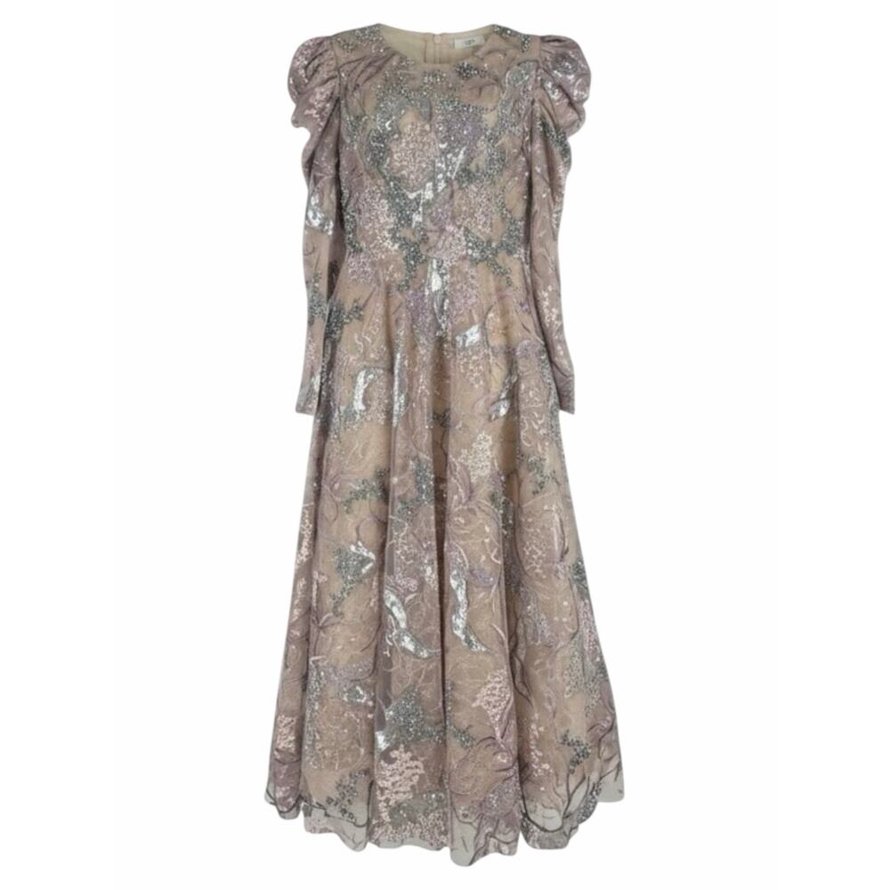Mac Duggal Embellished High Neck Puff Sleeve A-Line Dress Taupe Size 6 - Picture 4 of 14